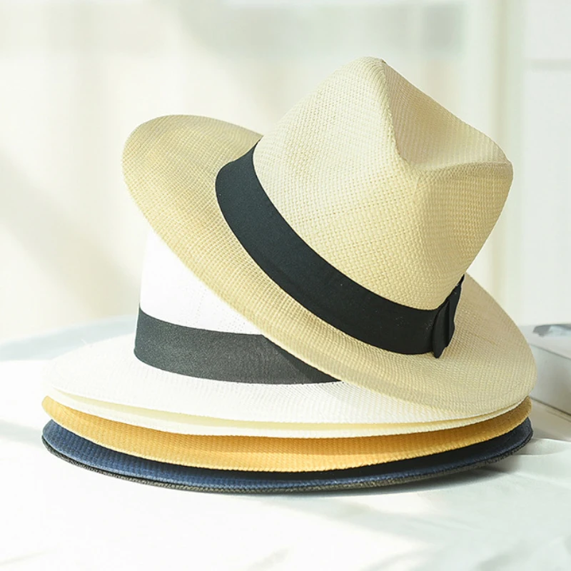 

HT2261 2019 New Summer Hats for Men Women Straw Panama Hats Solid Plain Wide Brim Beach Hats with Band Unisex Fedora Sun Hat