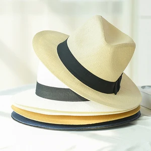 HT2261 2019 New Summer Hats for Men Women Straw Panama Hats Solid Plain Wide Brim Beach Hats with Ba in India
