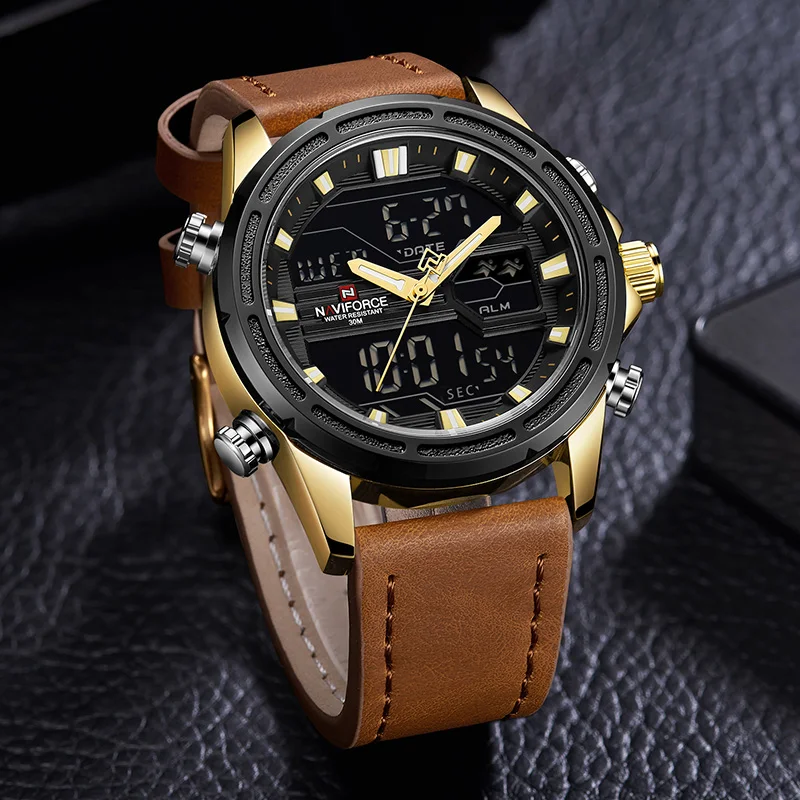 NAVIFORCE мужские роскошные золотые часы кожаные спортивные водонепроницаемые