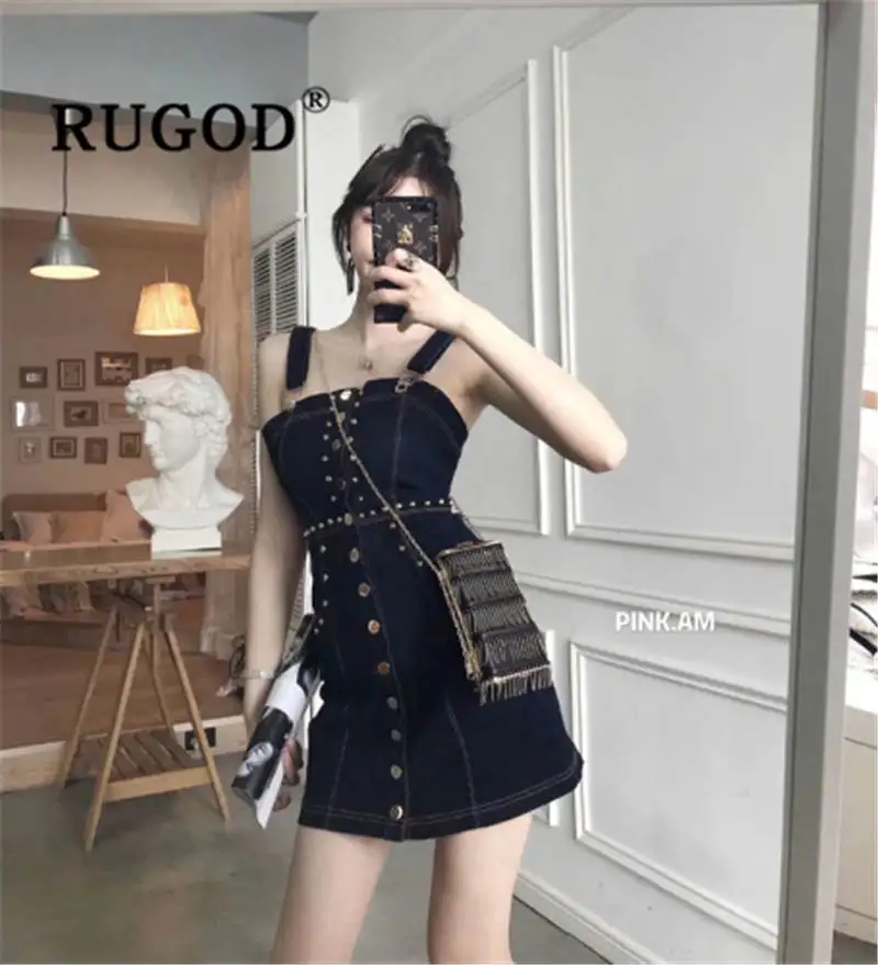 RUGOD однобортное джинсовое платье 2019 Новое поступление Высокая талия тонкий