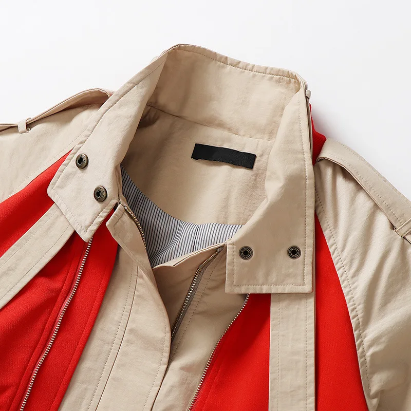 Faux two pieces fashion khaki patchwork windbreaker coat Womens Ankle-length Coat Trench Winter Fall Warm Overcoat
