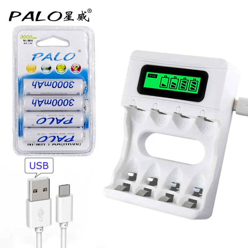 4PCS and charger PALO 8 шт. AA батарея 3000mAh 1,2 V Ni-MH AA Аккумуляторы для камеры светодиодный светильник игрушки MP3 mp4 батареи для микрофона - Цвет: 4PCS and charger