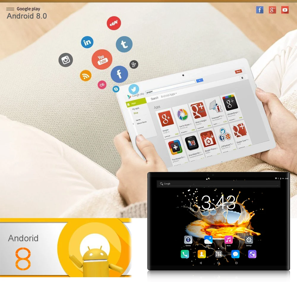 Игр и видео 10 дюймов Android 8,0 Планшеты PC 4Гб Оперативная память 64 Гб Встроенная память 8 ядер Восьмиядерный 3g/4 аппарат не привязан к оператору сотовой связи, Wi-Fi, A-GPS Bluetooth планшет