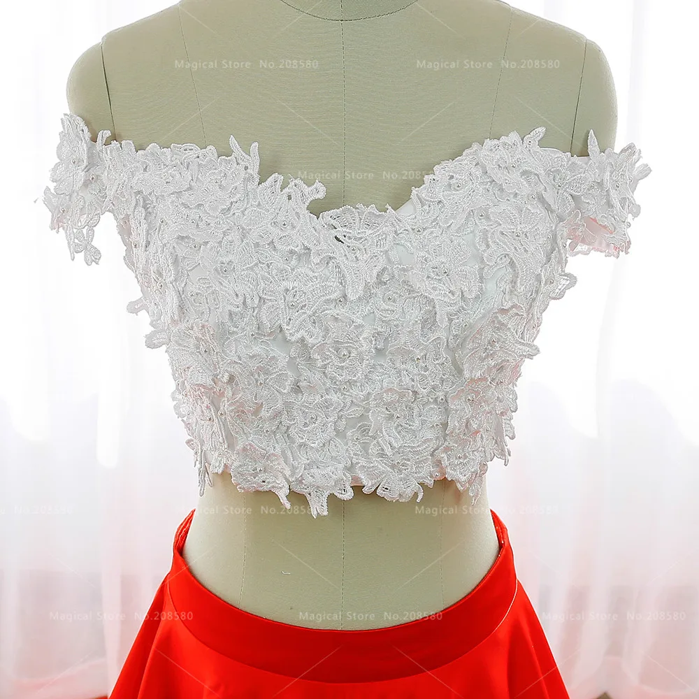 White And Red Hippie 2 Piece Bridal Wedding Dresses Lace Flowers Arab Indian Bride Dress Satin Pearls Off Shoulder R118 | Свадьбы и