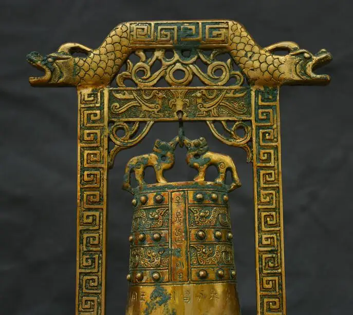 14 4 &quotКитай Бронзовая посуда позолоченный два головы дракона чудовище тигра база