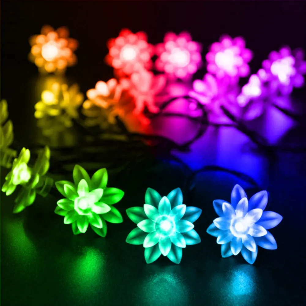 Деревянный двойной цветок лотоса солнечный светильник ing String 20-50LED водонепроницаемый Сказочный светильник для наружного украшения Рождественская вечеринка Свадьба