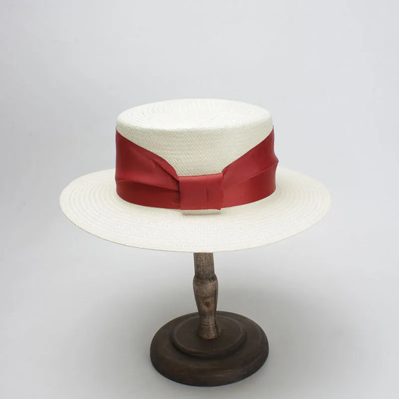 ROSELUOSI Для женщин белая летняя шляпа с красной лентой лук узел 2018 Новая мода Flat Top