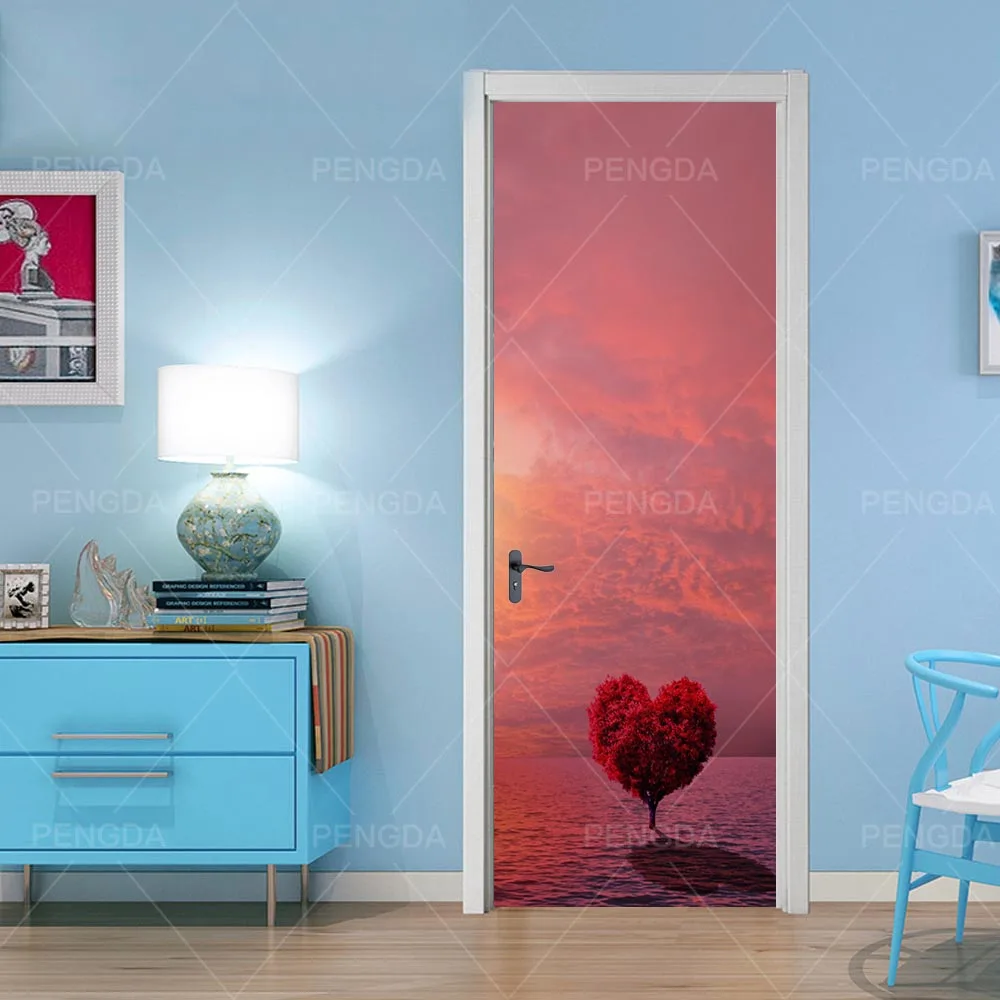 Door LXR3040-02 3D наклейки на дверь ПВХ клей обои Hd Печать Любовь Дерево пейзаж Картина домашний декор водоотталкивающие обои наклейка для гостиной - Цвет: Door LXR3040-02