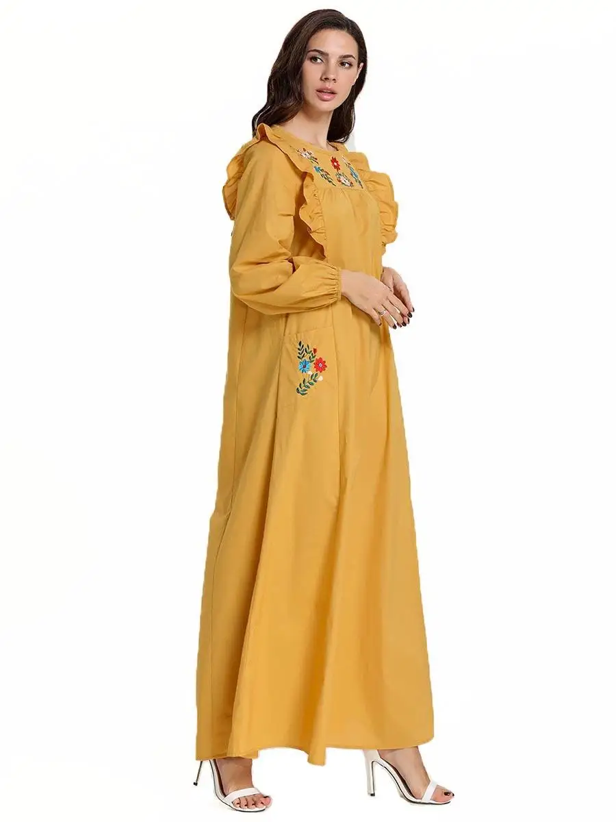 Abaya/длинное платье с вышивкой и оборками; женские мусульманские Длинные вечерние платья; jilbaw; исламский кафтан; одежда с круглым вырезом и длинными рукавами; свободное Повседневное платье