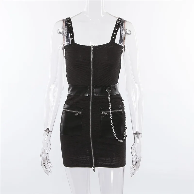 Пикантное женское мини-платье на бретелях из искусственной кожи в стиле пэчворк