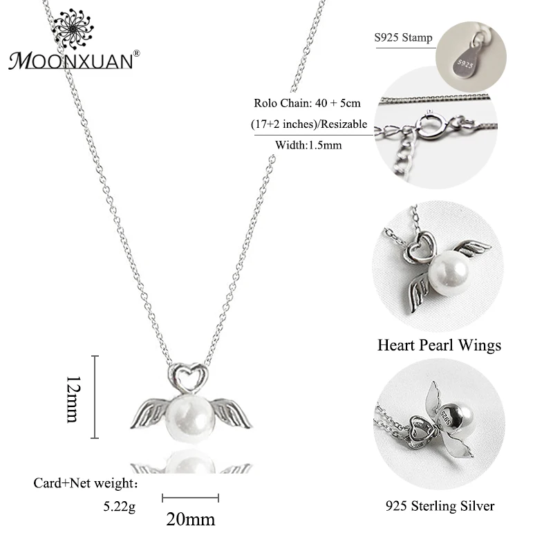 MOONXUAN 925 серебро Fine Jewelry kolye сердце любовь крылья Ангела Ожерелья с жемчужинами и