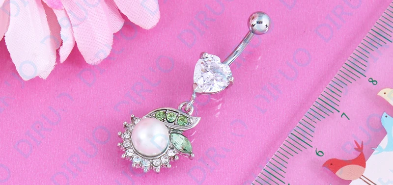 Кольцо для пупка с искусственным жемчугом и зеленым листом