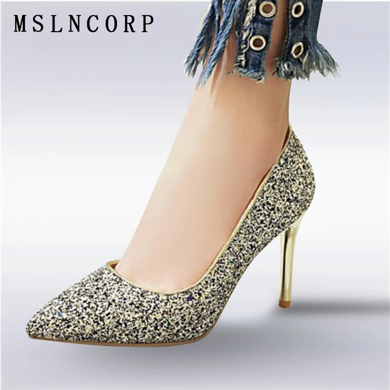 

Plus Size 34-48 New fashion Women Fashion Thin High heeled Shallow Mouth Singles Shoes Glitter Bling Party Pumps Ladies Stiletto