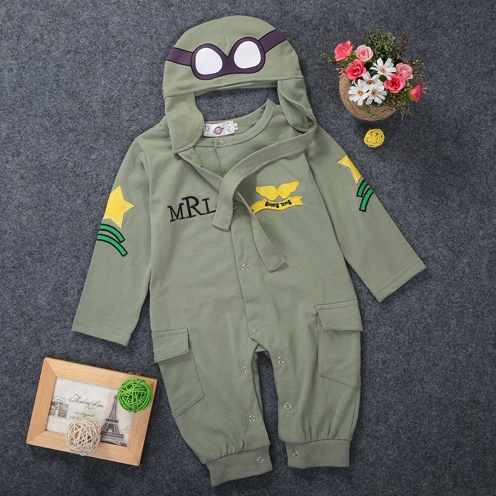 Autumn Pilots Baby Boy Kids Infant Cotton Long Sleeve Romper+Hat Cap Jumpsuit Outfits Set 6-24M |
