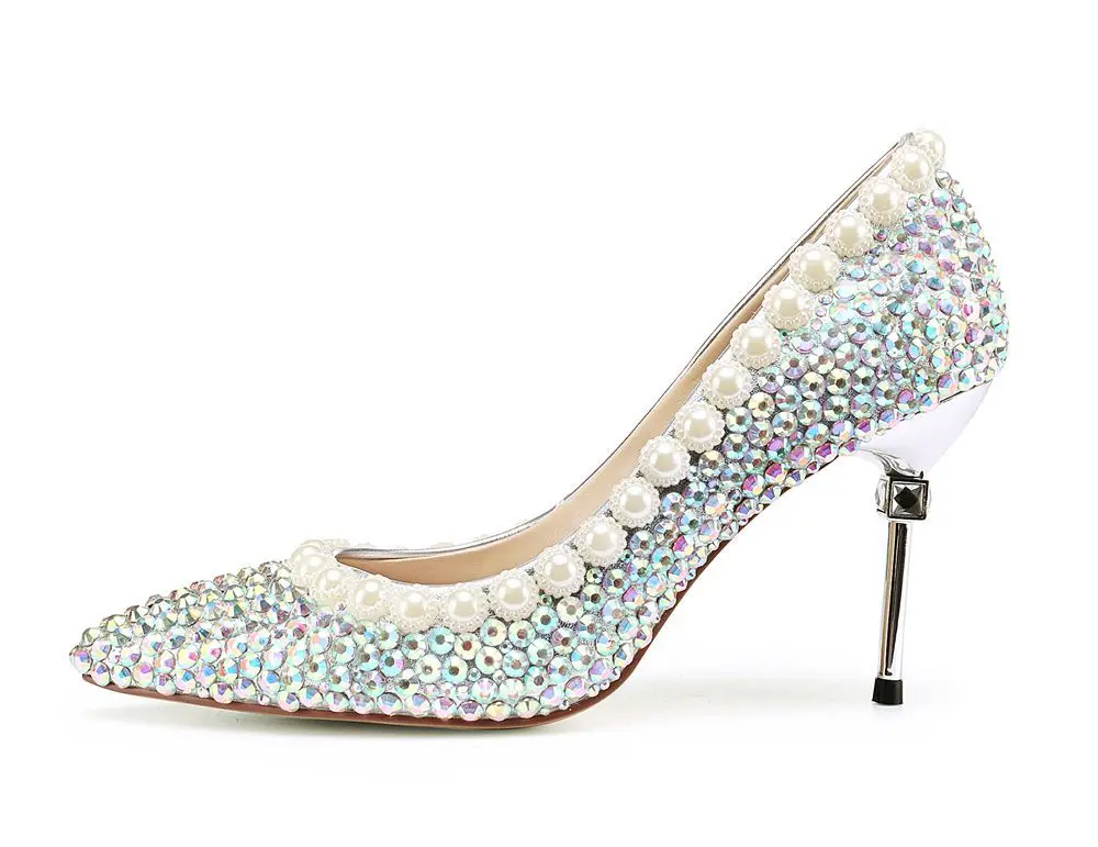 

Women Luxury Shoes Silver Thin Heels Colorful Rhinestone Pointed Toe Evening Party Queen Pumps Fancy Banquet Rich Lady Shoes
