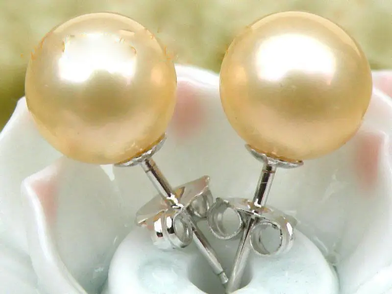 Натуральный AAA + 8 9 мм Идеальный Круглый Золотой розовый akoya Серьги гвоздики с