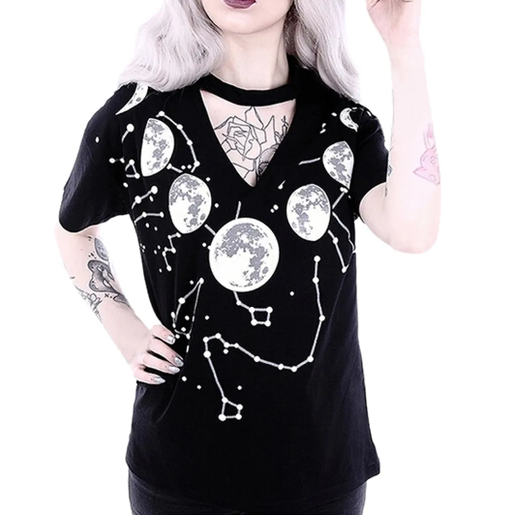 Женская футболка с короткими рукавами и v образным вырезом модная в готическом