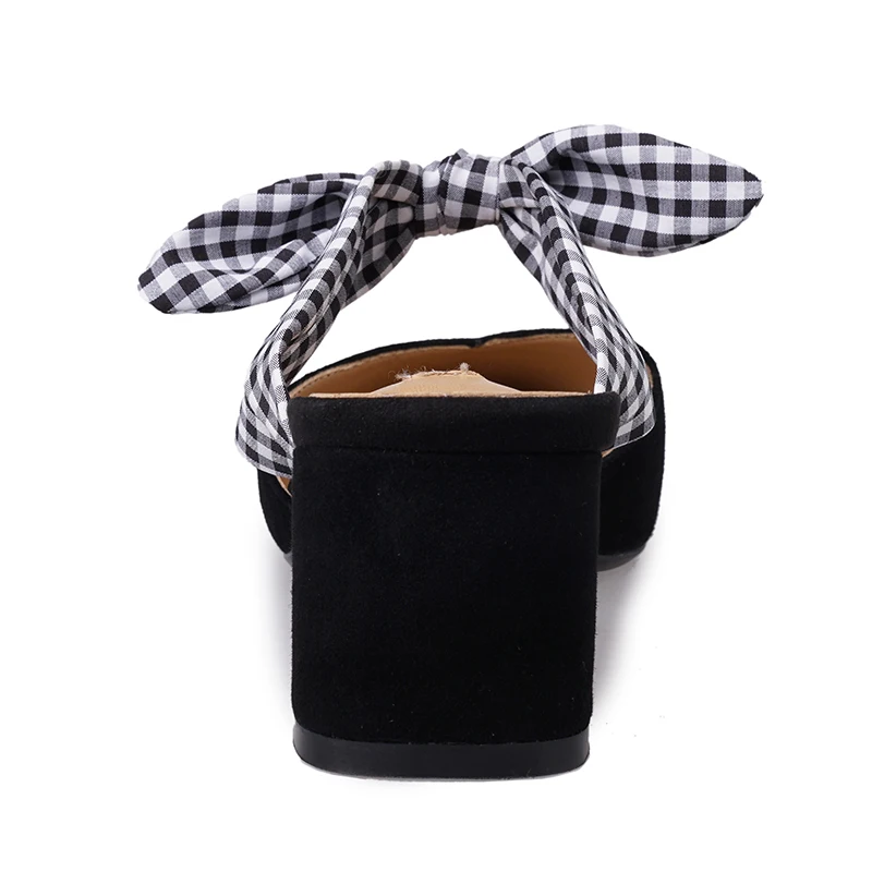ISNOM Plaid Kid Suede Slippers Woman Pointed Toe Butterfly Knot Footwear High Heels Slides Shoes Female Mules Women Summer | Обувь