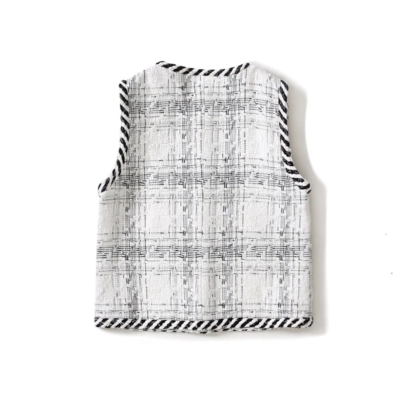 Женский твидовый пиджак без рукавов двубортный из клетчатой ткани с V-образным