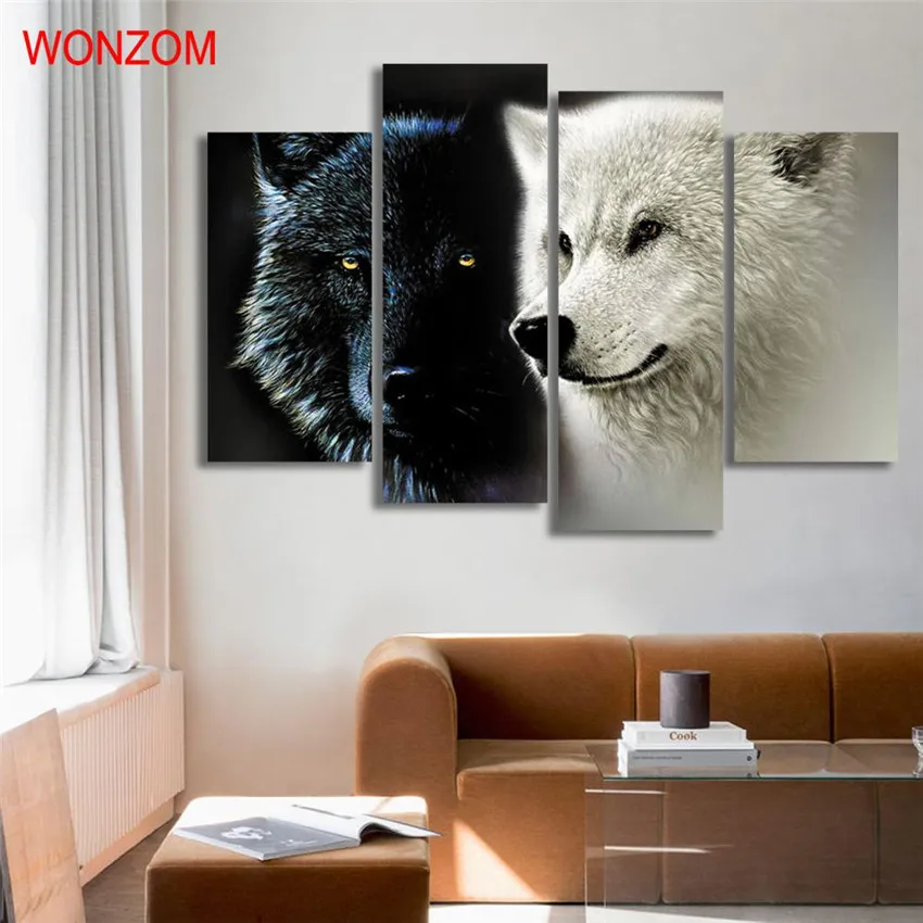 4 шт. черный белый волк холст живопись современная картина с животными на холсте