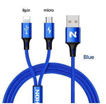 NOHON type C Micro 8-контактный USB кабель 2 в 1 для iPhone 8X7 6 6S Plus iPad iPod для samsung lenovo Nokia LG Android нейлоновые кабели - Цвет: 8pin add micro Blue