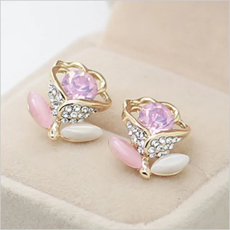 E226 upscale Korean earrings super flash rose diamond sweet delicate cherry opal female1pcs|earring stud|earrings doubleearrings picture |
