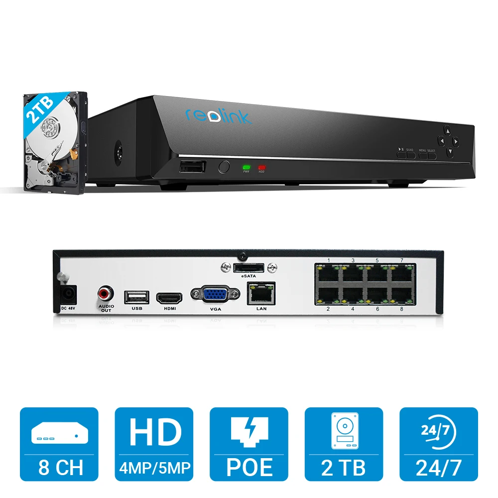 Reolink RLK8-410B4 4MP/5MP камера система 8ch PoE NVR и 4 ip-камеры с питанием по PoE Bullet Открытый HD комплект видеонаблюдения встроенный 2 ТБ HDD