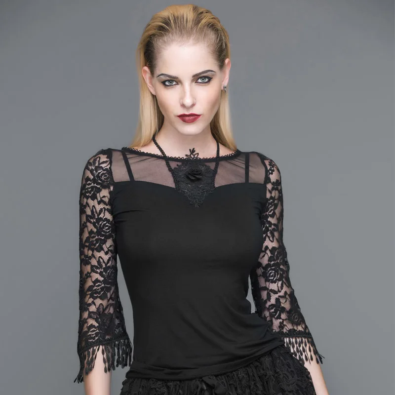 

Devil Fashion Gothic Women's Tees Black Lace O-Neck Tees Cotton Hollow Out Three Quarter Top Tees