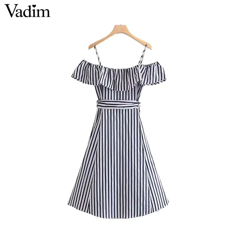 Vadim women striped print slash neck midi dress off shoulder bow tie sashes ruffled single breasted female elegant dresses QC253 | Женская