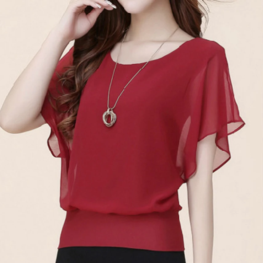 2019 Women blouses shirts New Summer Chiffon Blouse Tops For Plus Size Ruffle Batwing Short Sleeve Casual Shirt | Женская одежда
