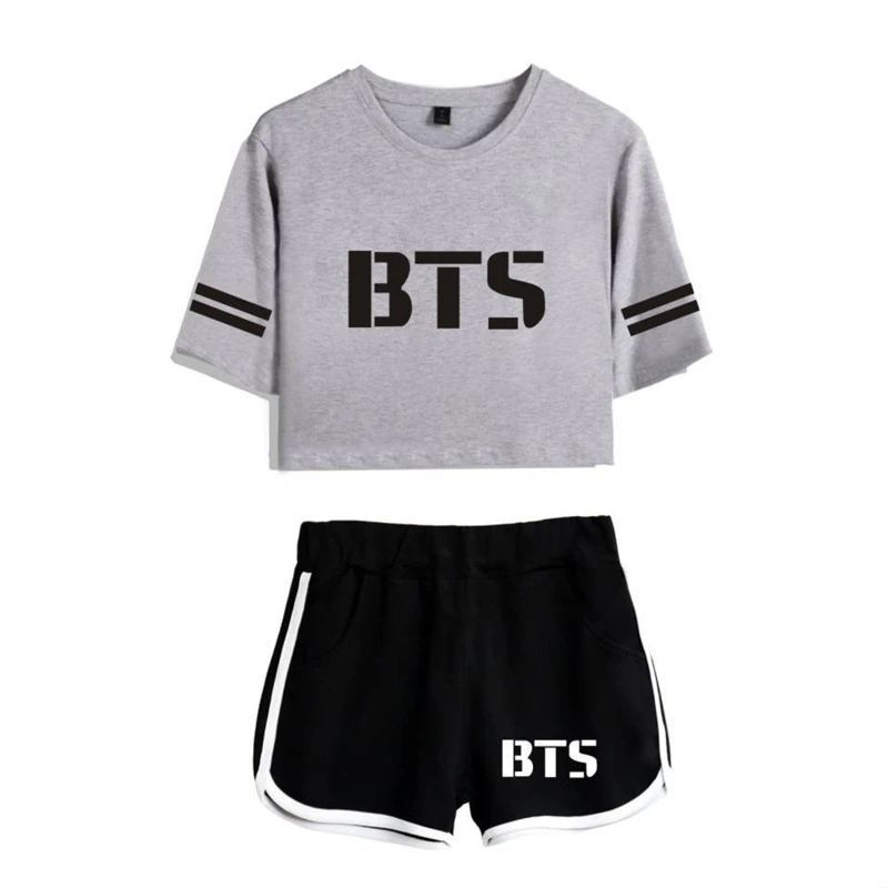 BTS костюмы женская футболка Топ из двух частей комплект 2018 мода печатных майка