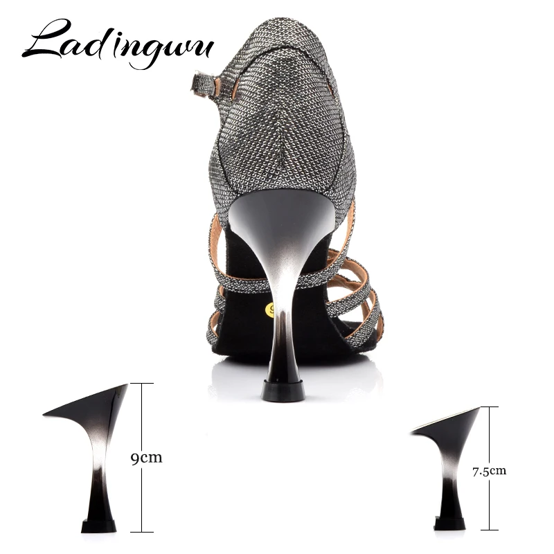 Ladingwu Brands Dance Shoes Women Gray Glitter Salsa Dance Shoes Gradient Gold Plated Heel 7.5cm 9cm Latin Dancing Shoes Sandals