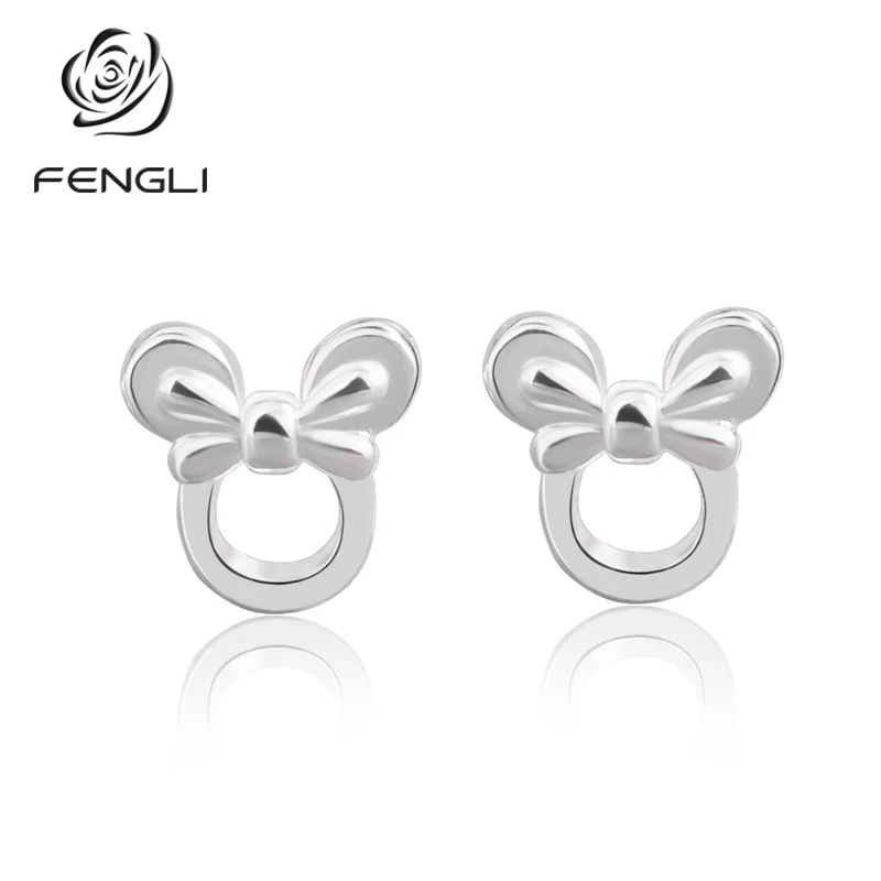 Женские ажурные серьги гвоздики FENGLI с милым Микки Маусом Серебристые