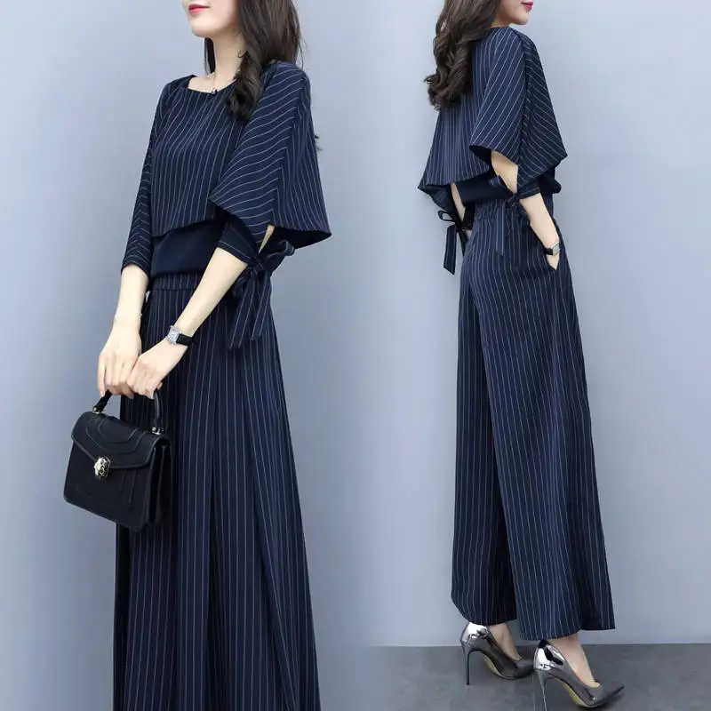 Летняя женская блузка костюм брюки костюмы 2 шт наборы полосатая рубашка и для