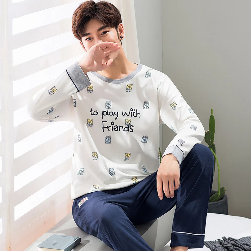 Осенне-зимняя 100% Хлопковая пижама с длинным рукавом для пары Свободная Женская и