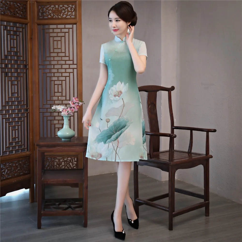 Китайское китайское платье Ципао длиной до колена с коротким рукавом винтажное