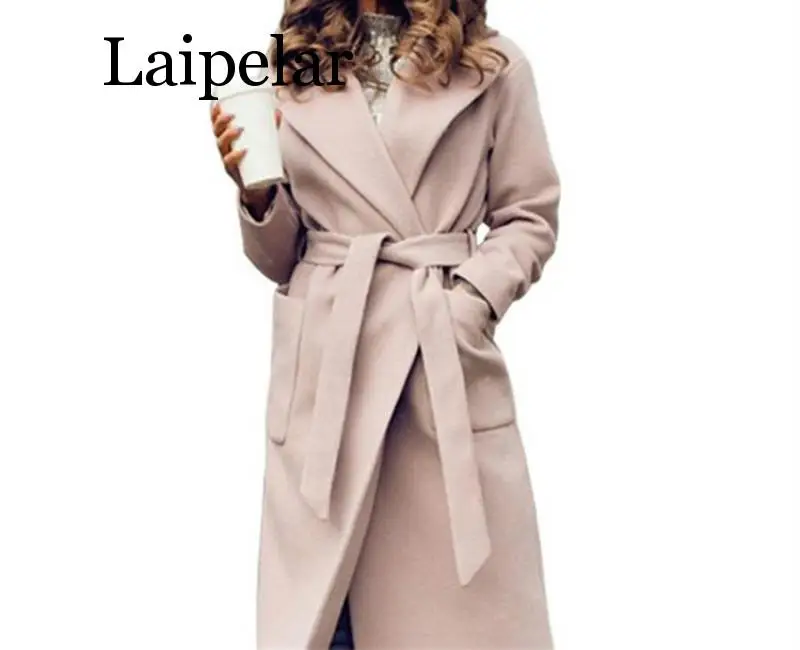 

Laipelar Элегантное длинное женское пальто с лацканами с двумя карманами с поясом однотонные пальто женская верхняя одежда