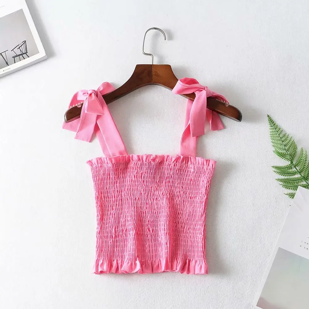 Sexy Fashion Women Tank Top Casual Short Bow Tops Vest Bandage Spaghetti Strap Solid Shirt Tees | Женская одежда