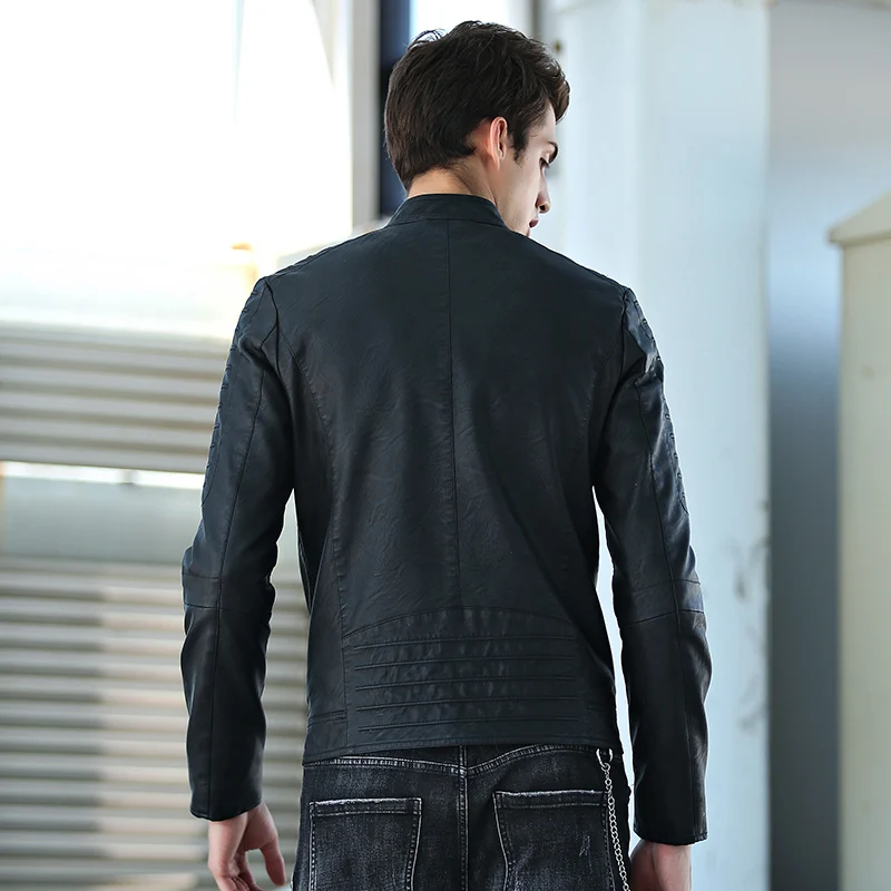 2018 Winter Men's Leather Jacket Men Slim Stand Collar Jaqueta Couro Bomber Male Top Locomotive Coats | Мужская одежда