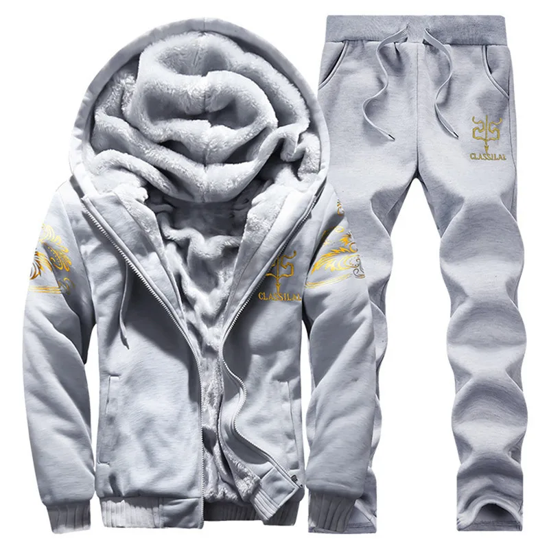 

Casual Tracksuit Mens Warm Set Winter Two Piece Sets Inner Fleece Thick Hooded 2PC Coats + Pants Brand Male Sportswear