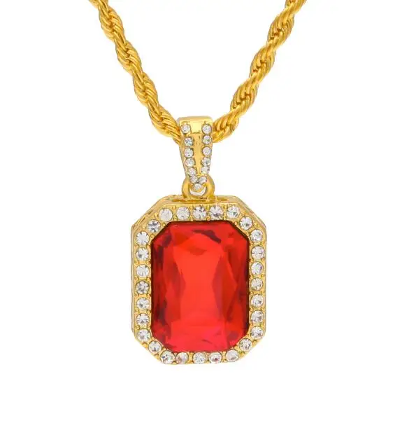 gold red Хип-хоп золотой цвет со стразами квадратная подвеска Размер 1,8*2,3 см красный синий зеленый черный цвет с 3 мм* 24 Дюймов Веревка Цепь - Окраска металла: gold red