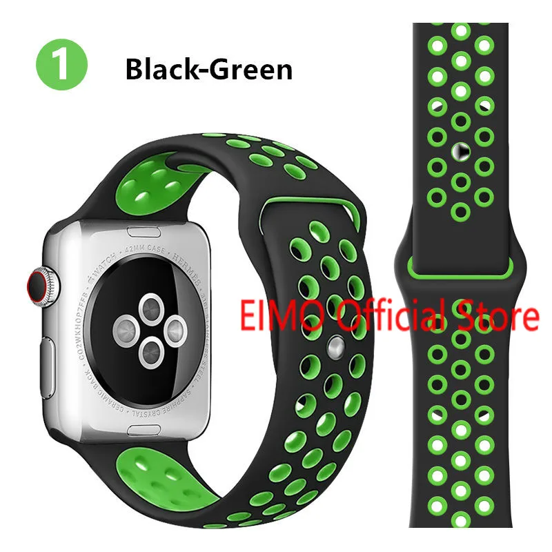 black green1 Ремешок для Apple Watch, 44 мм, 40 мм, 42 мм, 38 мм, iwatch series 5, 4, 3, 2, 1, спортивный силиконовый браслет, ремешок для часов, аксессуары для часов - Цвет ремешка: black green1