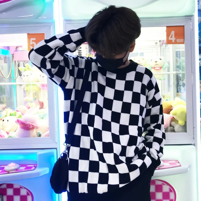 Новинка, Осенний женский свитер, Harajuku, черно-белый свитер, свободный, круглый вырез, Ретро стиль, цвет, одинаковый, клетчатый свитер#306