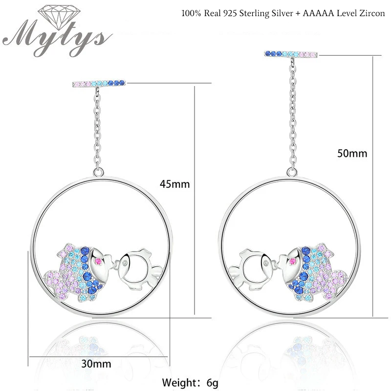 

Mytys 100% Real 925 Sterling Silver Earrings Dangle AAAAA Level Zircon Couple Fish Original Design Fine Jewelry for Women CE403