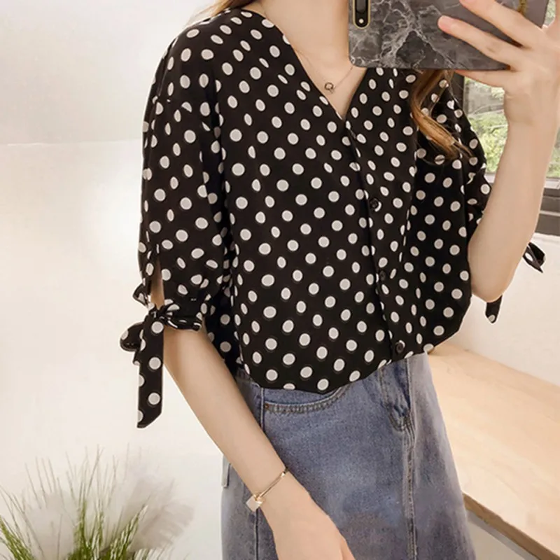 Женская шифоновая блузка в горошек Повседневная Блузка с коротким рукавом и v