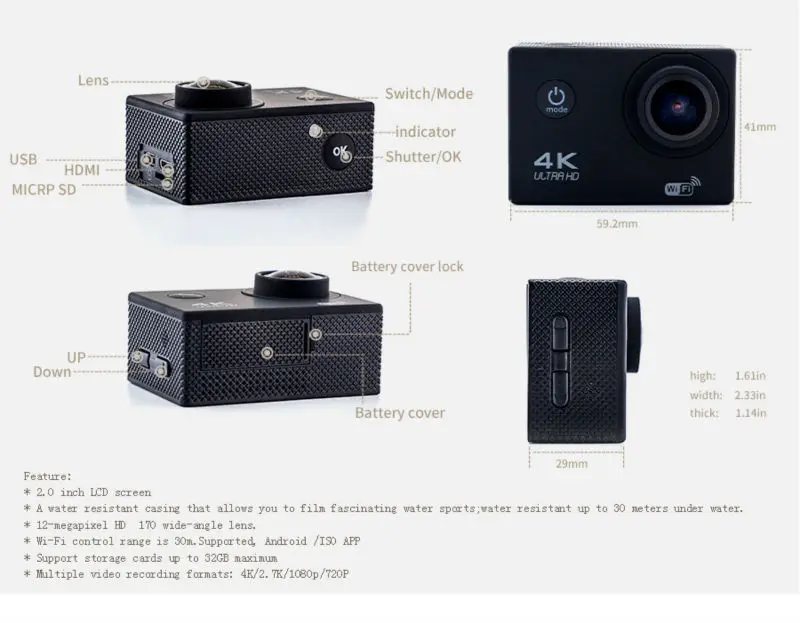 ELECTSHON пульт дистанционного управления Спортивная Wifi камера 4 K/30f 16MP Цифровая видеокамера 30 М Подводная камера водонепроницаемая камера шлем камера