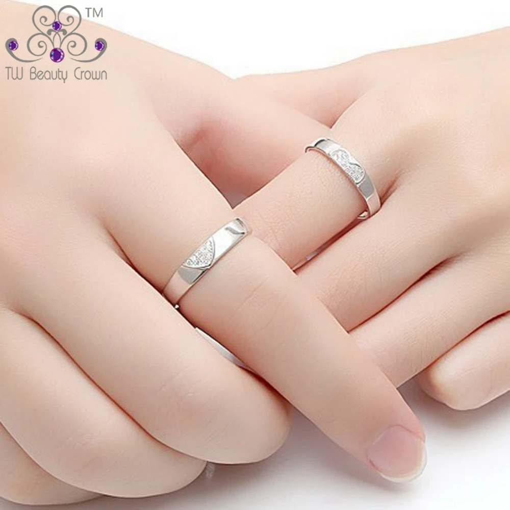 Genuine 925 Silver one Pair Women &amp Men White Zircon Love Heart Rings For Female Male Couples Fashion Jewelry Lovers Gift BA2223 |