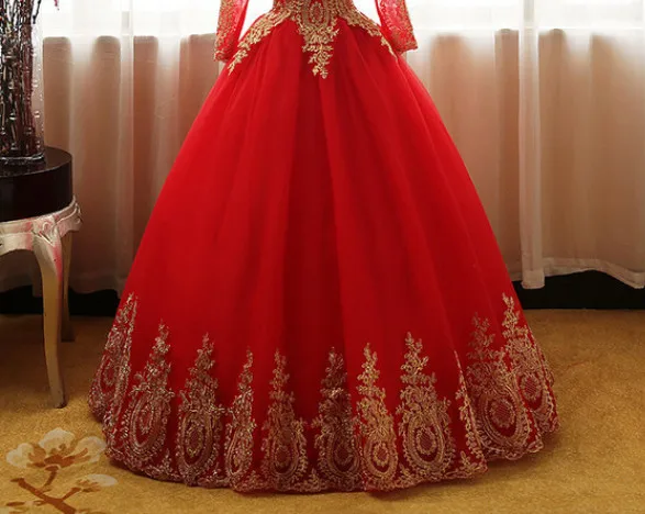 Новинка Vestidos de Noiva, Королевский синий тюль, винтажное свадебное платье с длинными рукавами, Золотая кружевная вышивка, аппликация для невесты, свадебное платье для невесты - Цвет: RED
