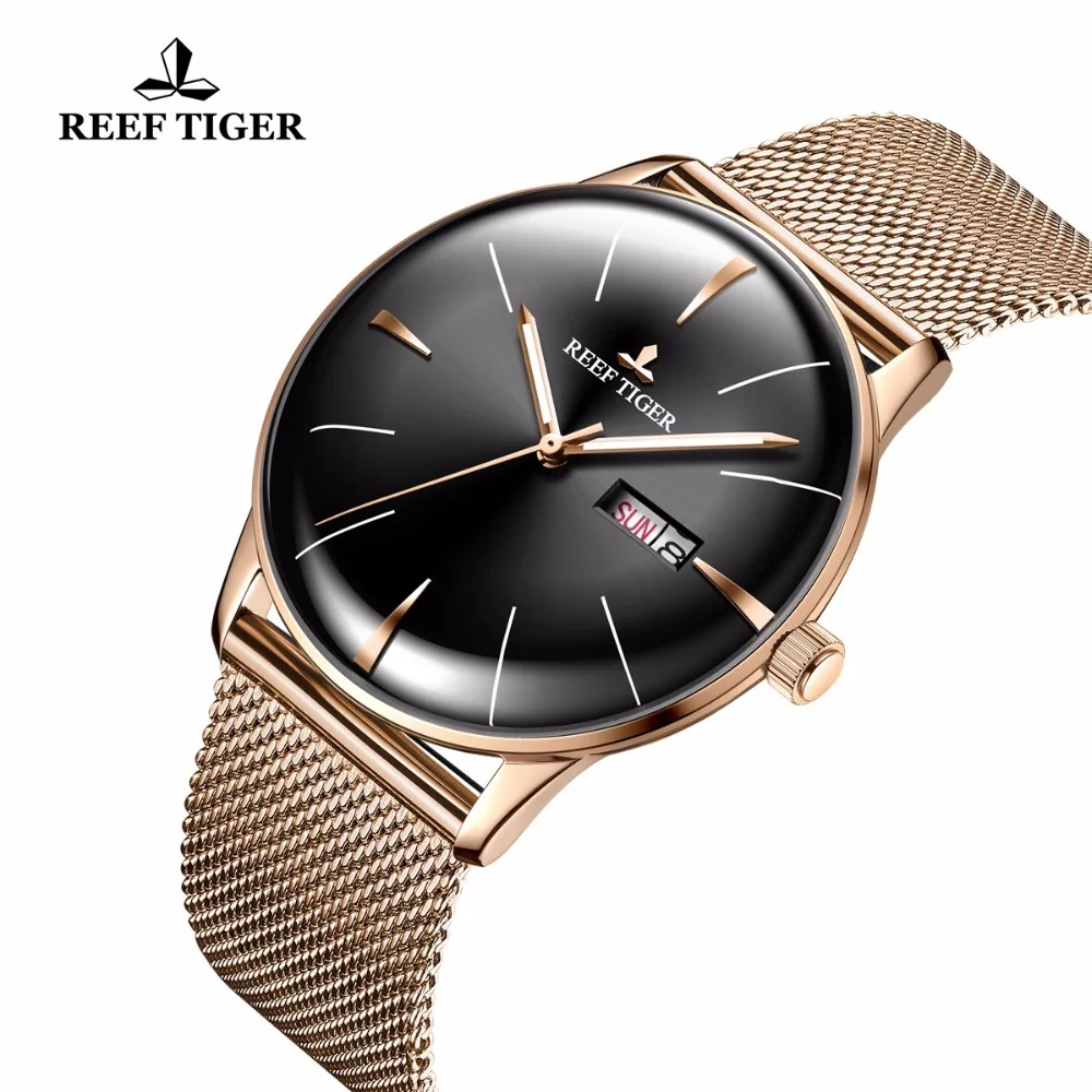 Мужские наручные часы Reef Tiger/RT роскошные цвета розового золота с выпуклой линзой