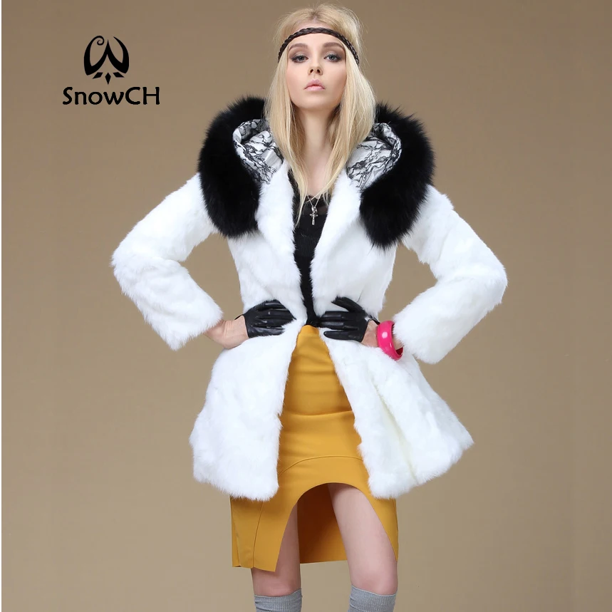 Шуба женская из натурального кроличьего меха с капюшоном лисьего F288 | Женская